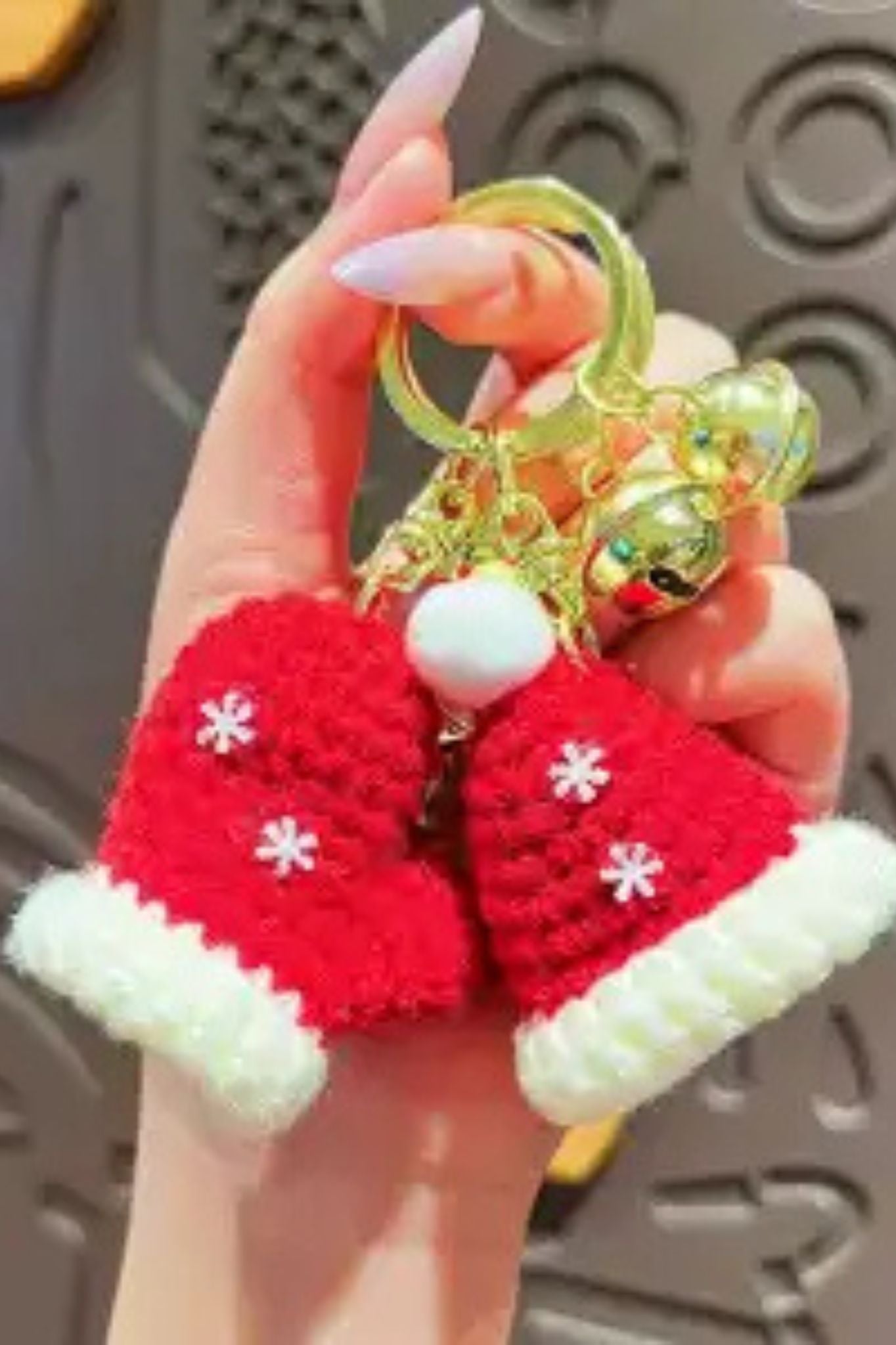 Finished Product Christmas Mitten & Santa Hat Themed Handmade Crochet Keychain Charm