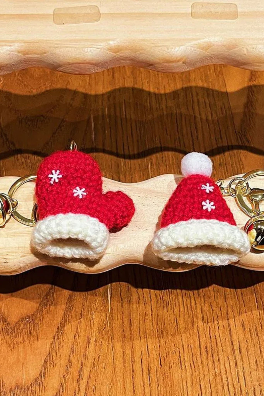 Finished Product Christmas Mitten & Santa Hat Themed Handmade Crochet Keychain Charm