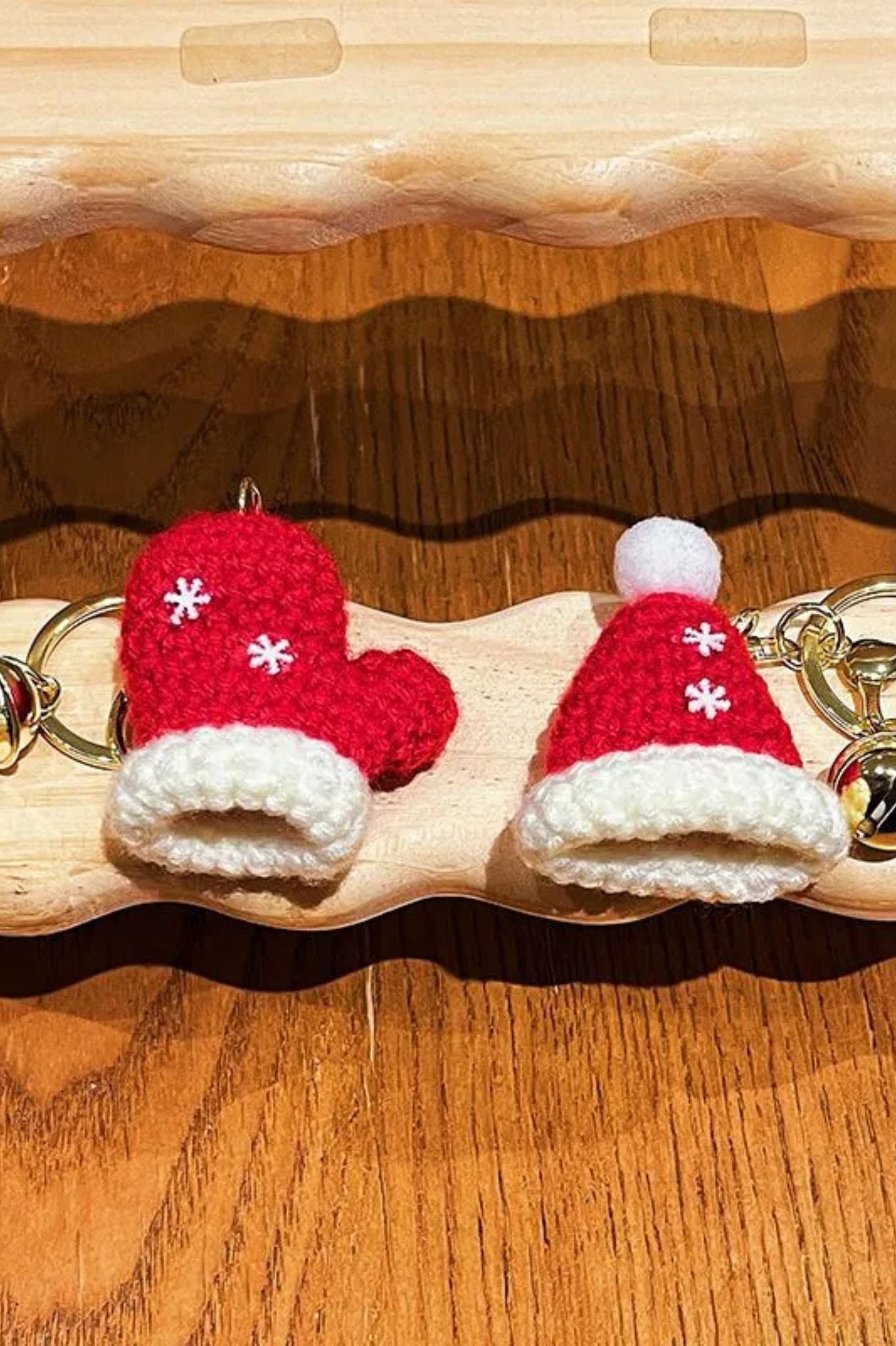 Finished Product Christmas Mitten & Santa Hat Themed Handmade Crochet Keychain Charm