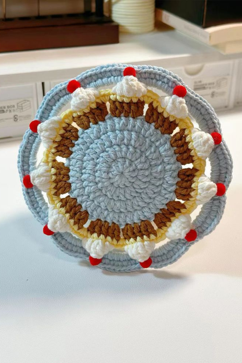 Handmade Finished Hand-crocheted coasters - vibrant red and blue cake color scheme