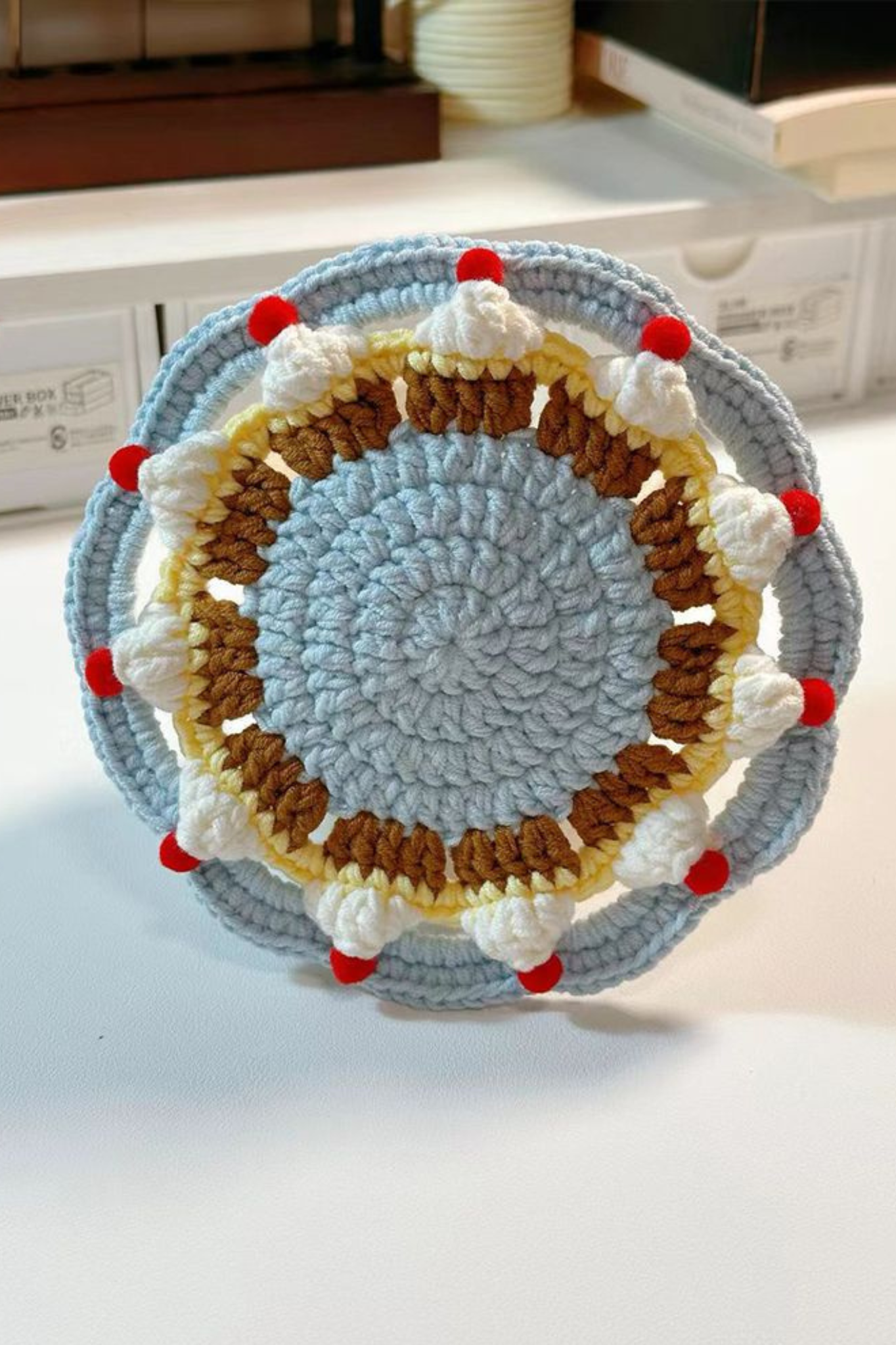 Handmade Finished Hand-crocheted coasters - vibrant red and blue cake color scheme
