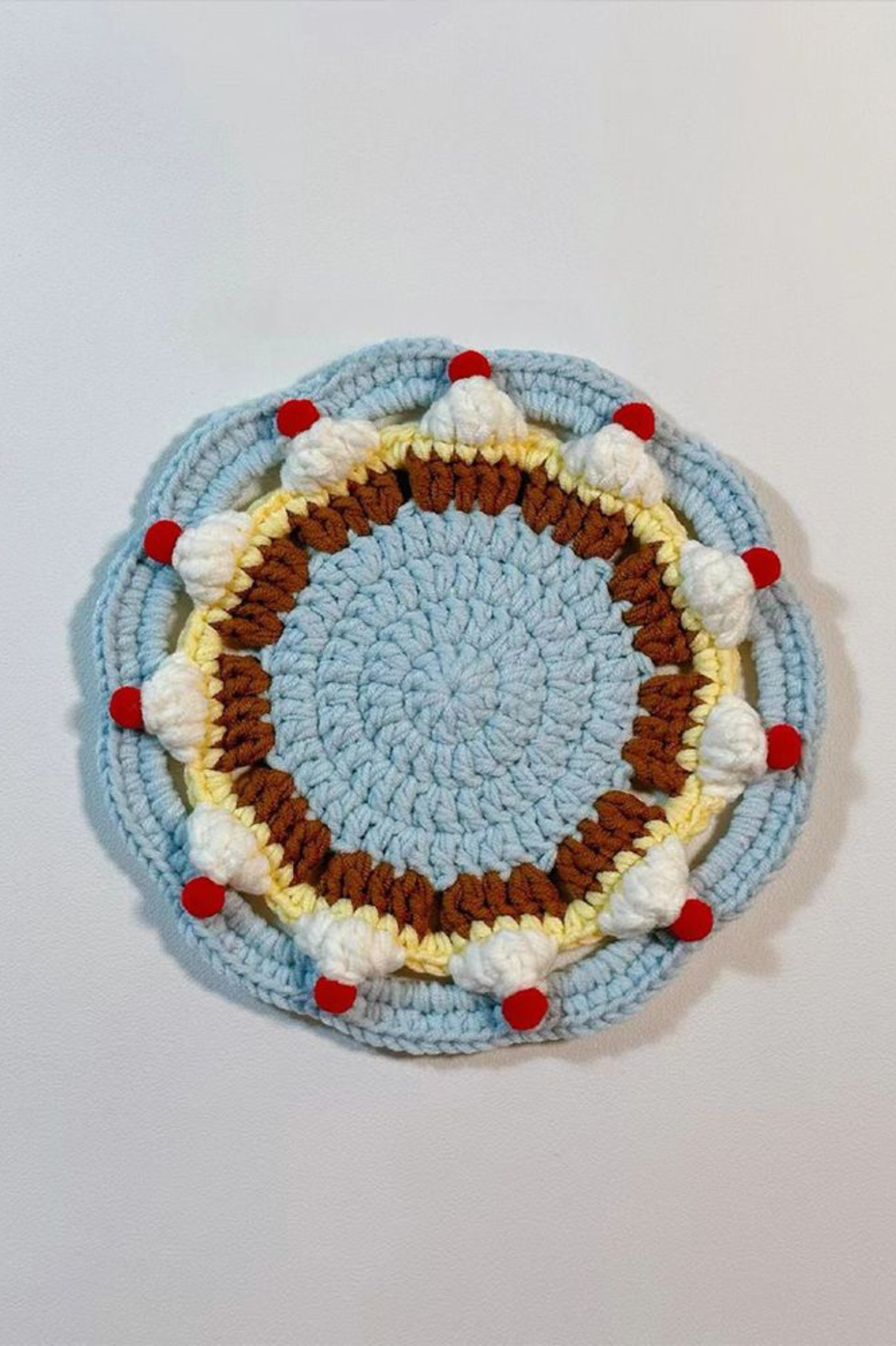 Handmade Finished Hand-crocheted coasters - vibrant red and blue cake color scheme