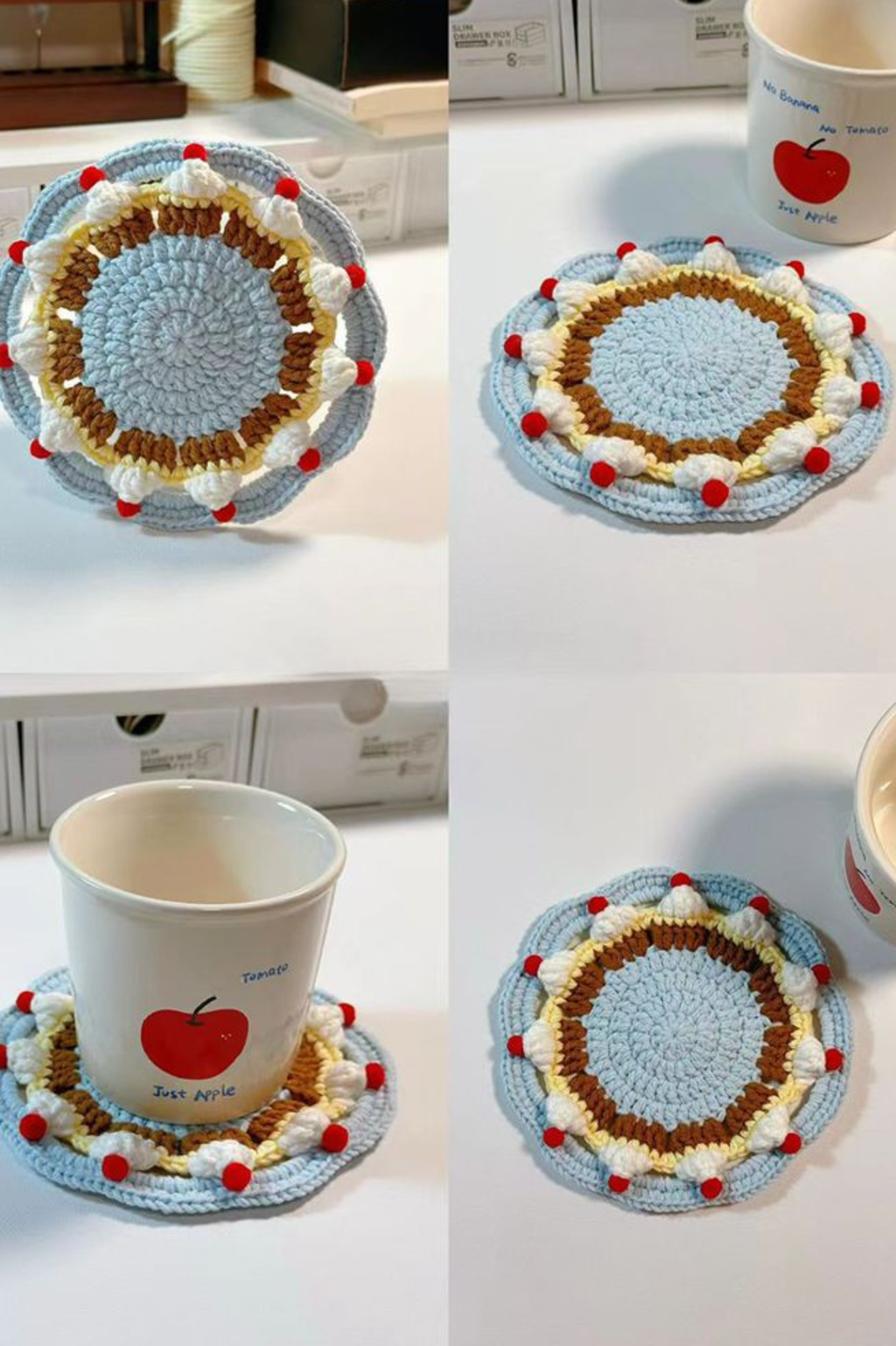 Handmade Finished Hand-crocheted coasters - vibrant red and blue cake color scheme