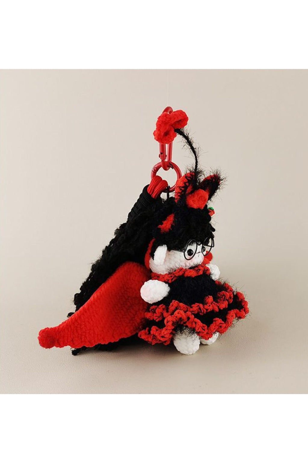 Handmade Crocheted Doll Keychain - Red and Black Little Devil Dress