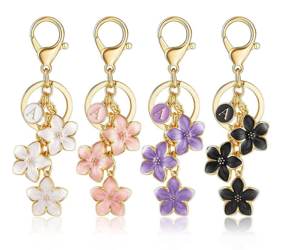 【Spring Blossom Letter A Charm】Enamel Flower Keychain - Personalized Initial Pendant (4 Colors Available)
