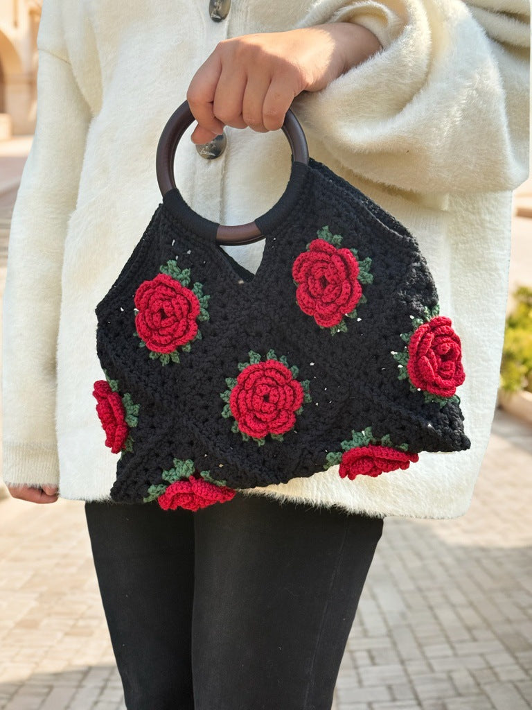 Women's Handmade Crocheted Grandma's Square Bag - 3D Rose with Wooden Handle