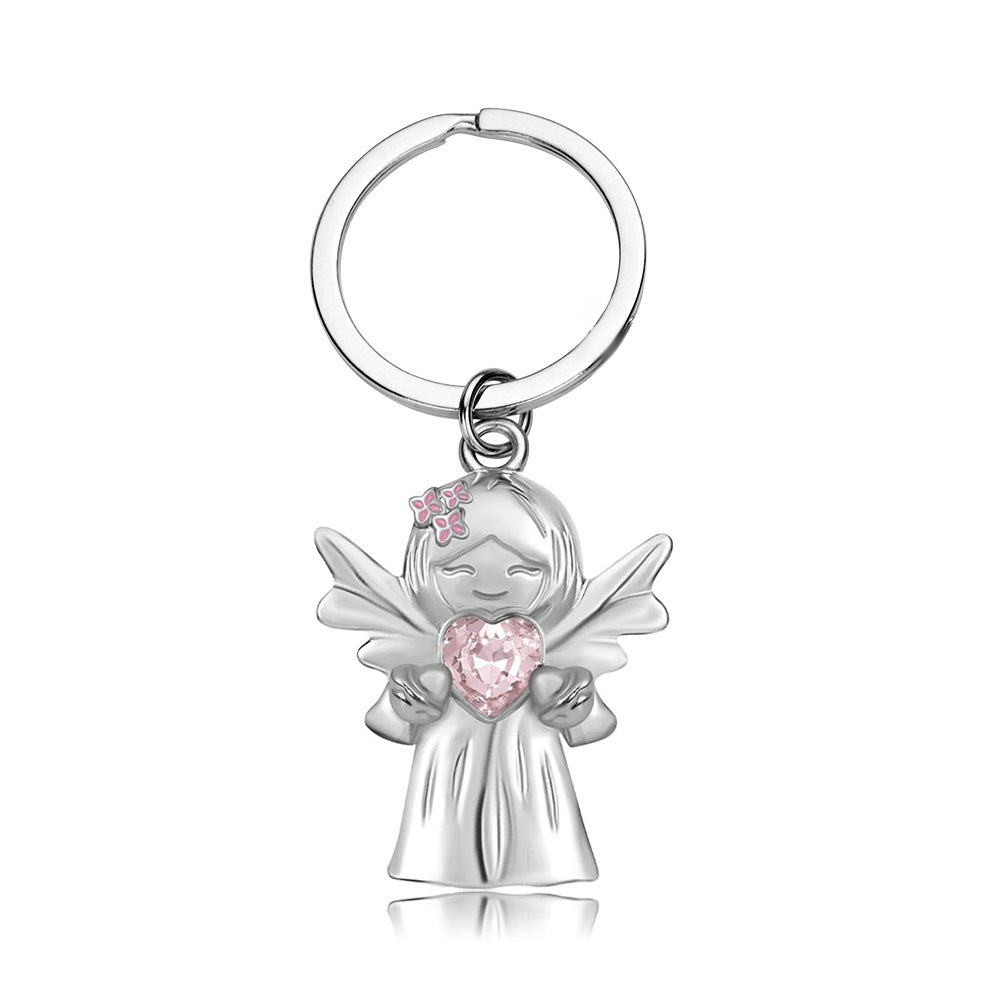 Sweet angel keychain- pink crystal heart-shaped pendant delicate heart-shaped clasp and bow decoration