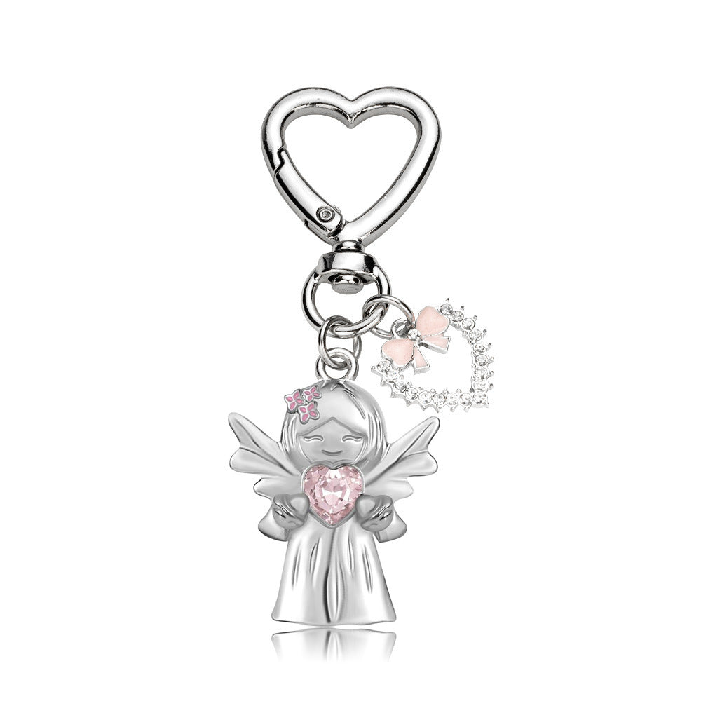 Sweet angel keychain- pink crystal heart-shaped pendant delicate heart-shaped clasp and bow decoration