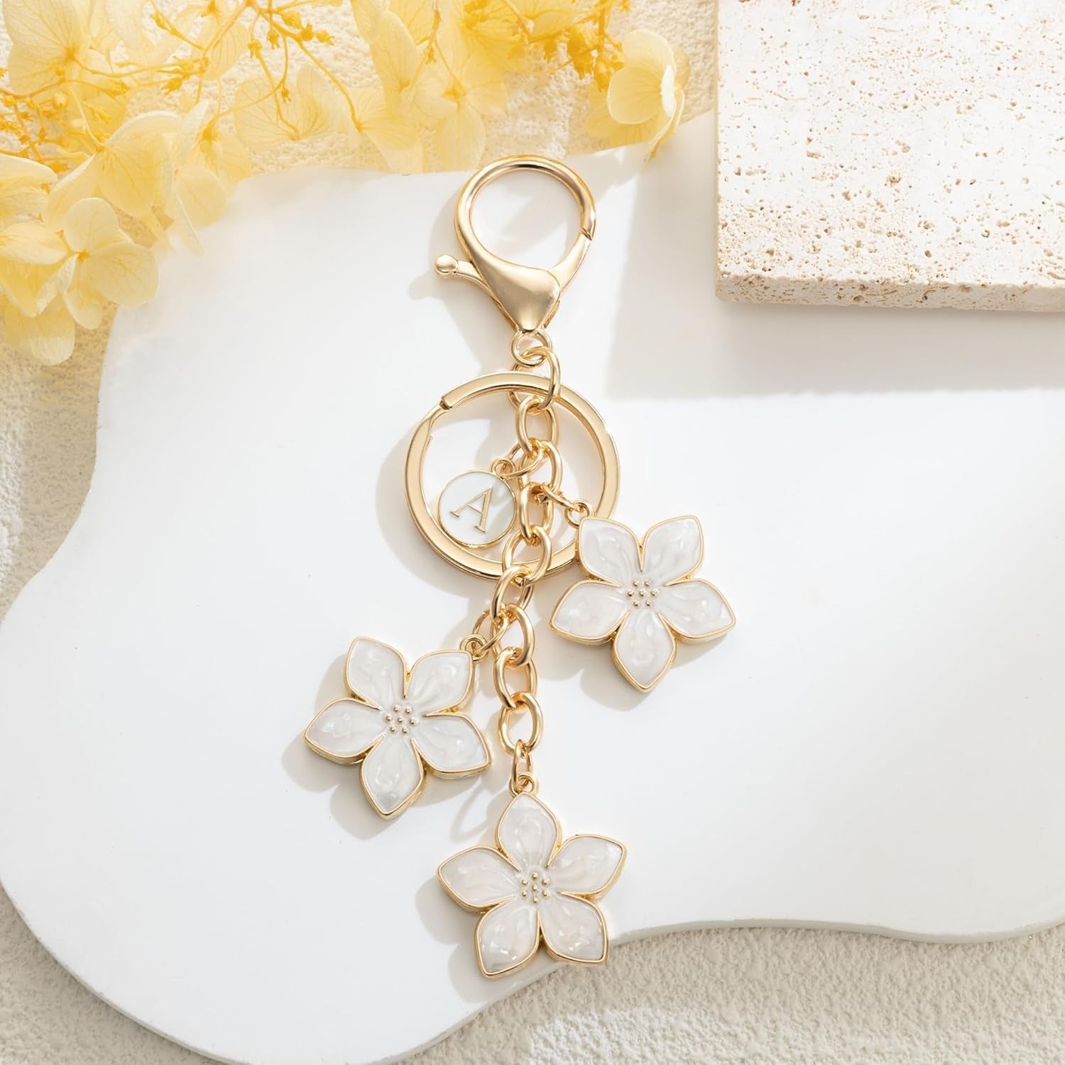 【Spring Blossom Letter A Charm】Enamel Flower Keychain - Personalized Initial Pendant (4 Colors Available)