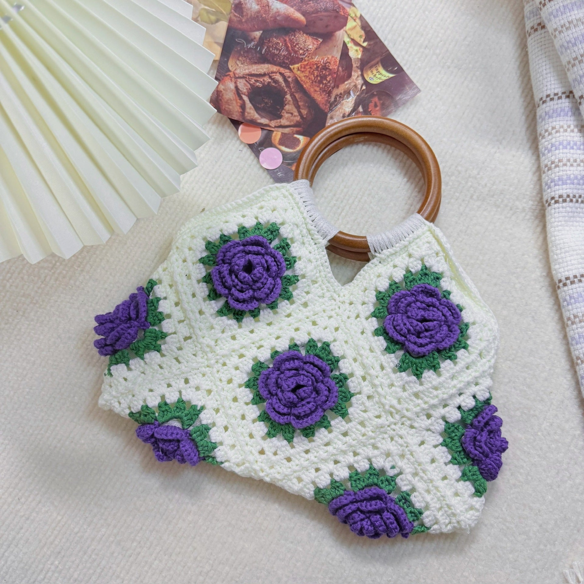 Women's Handmade Crocheted Grandma's Square Bag - 3D Rose with Wooden Handle