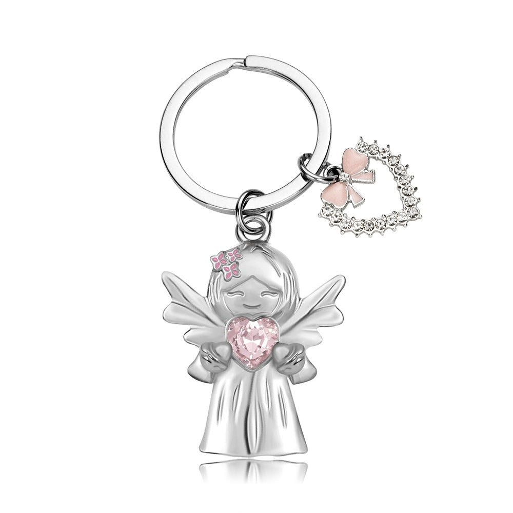 Sweet angel keychain- pink crystal heart-shaped pendant delicate heart-shaped clasp and bow decoration