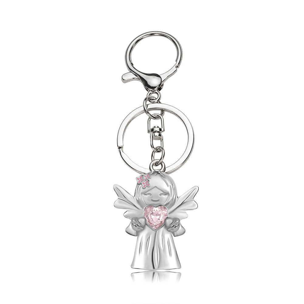 Sweet angel keychain- pink crystal heart-shaped pendant delicate heart-shaped clasp and bow decoration