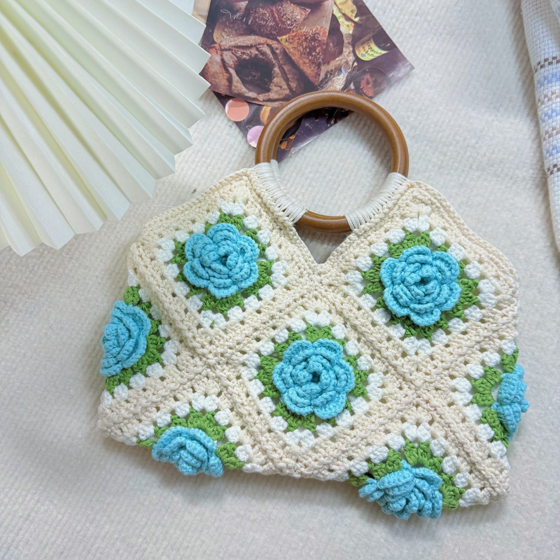 Women's Handmade Crocheted Grandma's Square Bag - 3D Rose with Wooden Handle