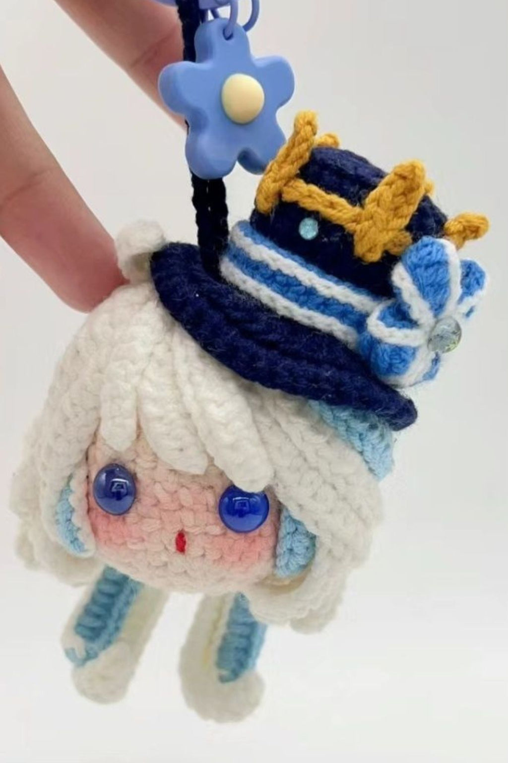 Furina crochet keychain used as bag accessory — cute handmade Genshin Impact doll