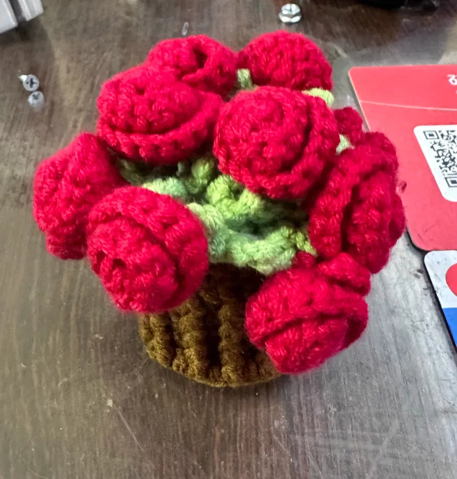 Handmade Finished Hand-Crocheted Rose Coaster & Small Flower Bouquet - Office Yarn Artificial Flower Basket