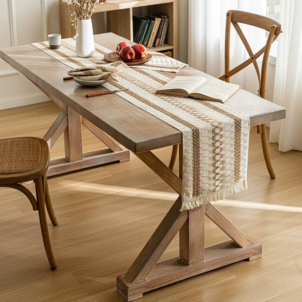 Bohemian American-Style Thick Linen-Cotton Woven Table Runner - Openwork Tassel Coffee Table Cover