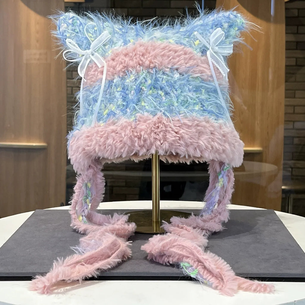 Women's Fairycore Enchanted Mixed Pastel Fuzzy Braid Bow Knit Beanie - Winter Fall Warm Face-Flattering Hat