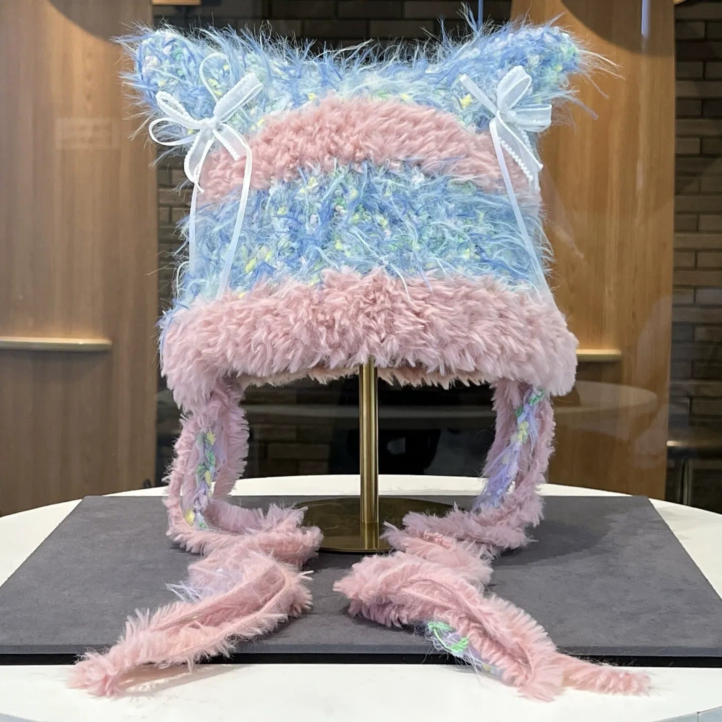 Women's Fairycore Enchanted Mixed Pastel Fuzzy Braid Bow Knit Beanie - Winter Fall Warm Face-Flattering Hat