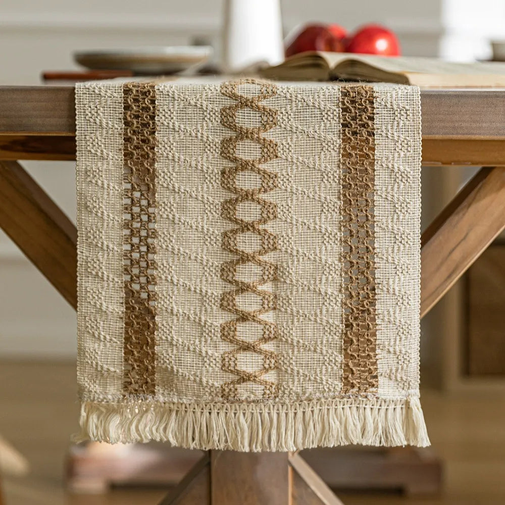 Bohemian American-Style Thick Linen-Cotton Woven Table Runner - Openwork Tassel Coffee Table Cover