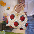Women's Handmade Crocheted Grandma's Square Bag - 3D Rose with Wooden Handle
