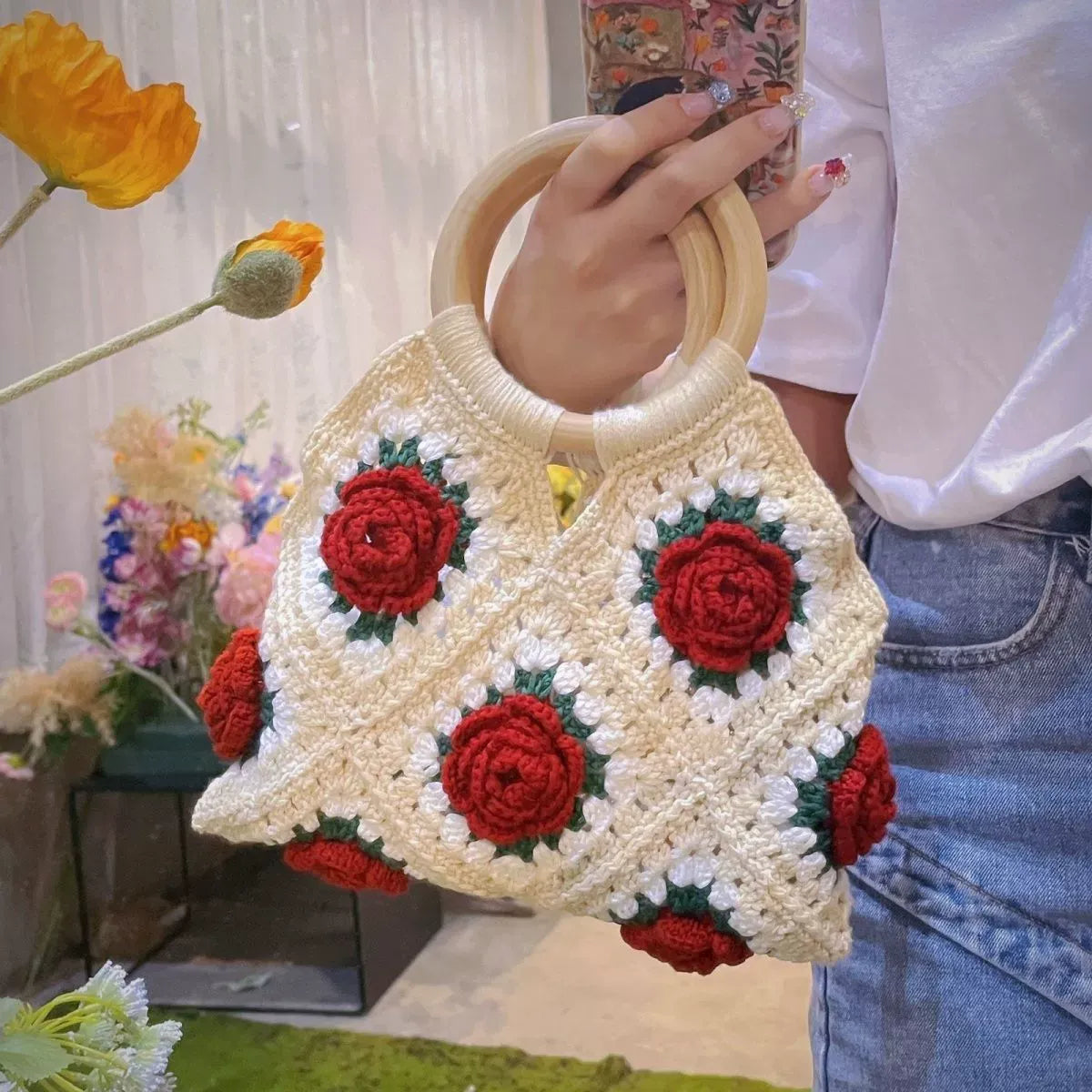 Women's Handmade Crocheted Grandma's Square Bag - 3D Rose with Wooden Handle