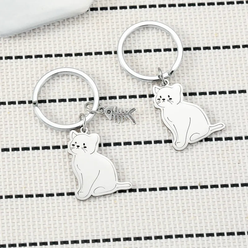 Toyversia Cute Cartoon Cat Stainless Steel Keychain — Fish Lover Cat Design, Adorable Backpack Charm & Couple Key Ring Gift | Cat Keychain