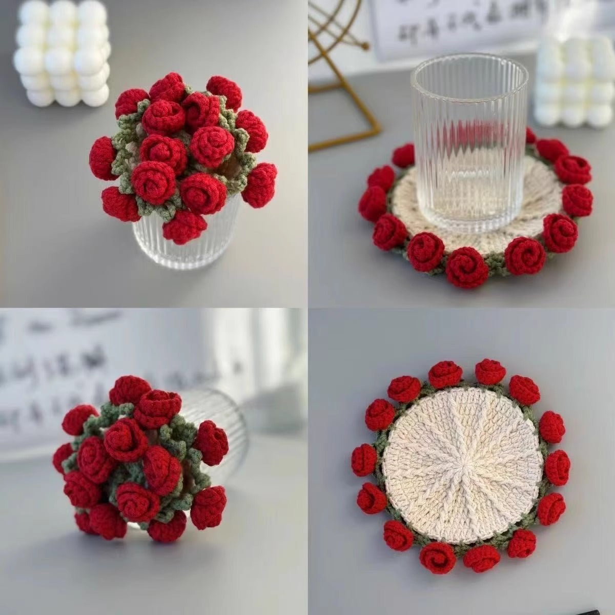 Handmade Finished Hand-Crocheted Rose Coaster & Small Flower Bouquet - Office Yarn Artificial Flower Basket