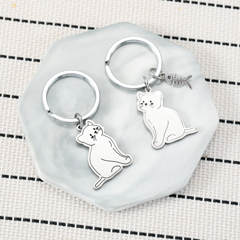 Toyversia Cute Cartoon Cat Stainless Steel Keychain — Fish Lover Cat Design, Adorable Backpack Charm & Couple Key Ring Gift | Cat Keychain