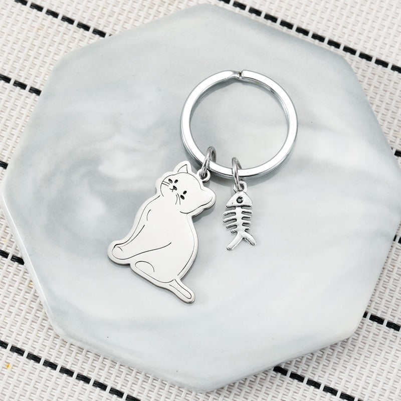 Toyversia Cute Cartoon Cat Stainless Steel Keychain — Fish Lover Cat Design, Adorable Backpack Charm & Couple Key Ring Gift | Cat Keychain