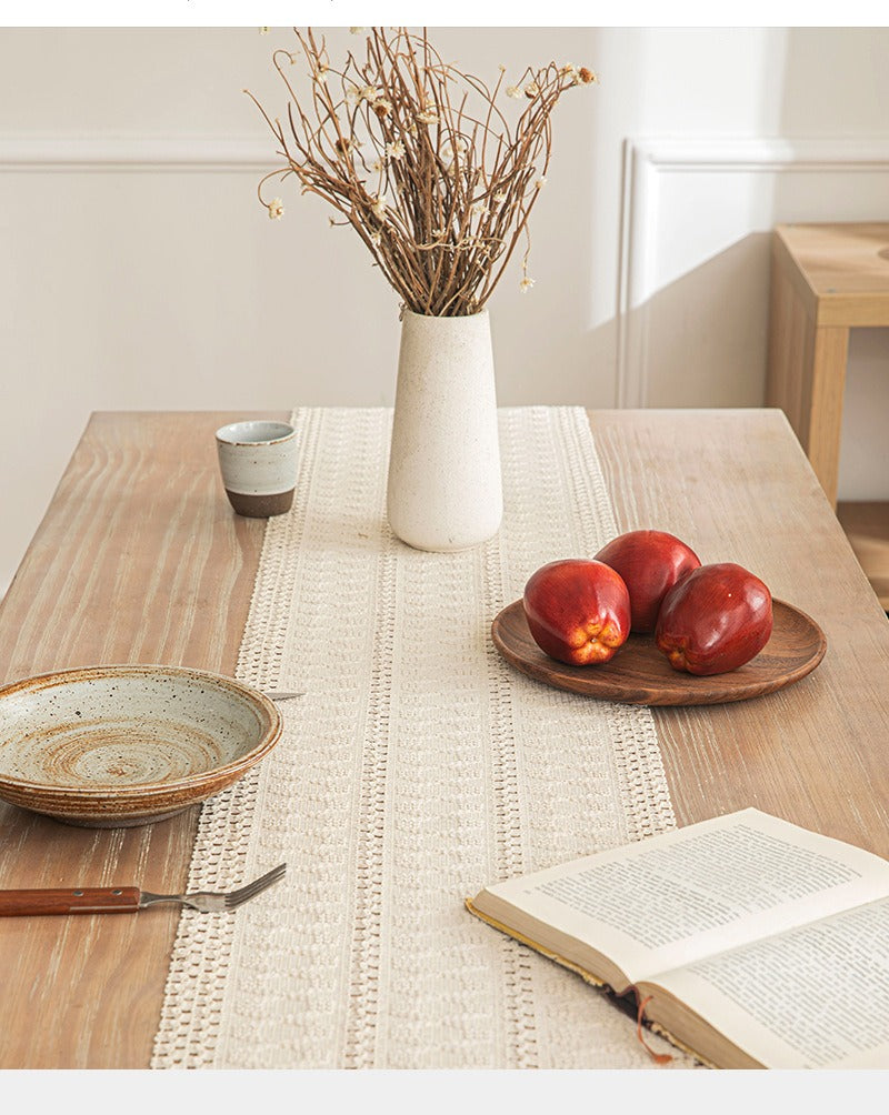Bohemian American-Style Thick Linen-Cotton Woven Table Runner - Openwork Tassel Coffee Table Cover