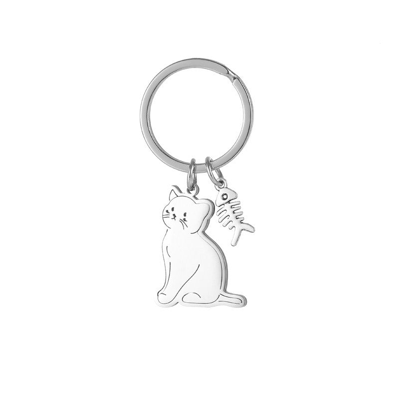 Toyversia Cute Cartoon Cat Stainless Steel Keychain — Fish Lover Cat Design, Adorable Backpack Charm & Couple Key Ring Gift | Cat Keychain