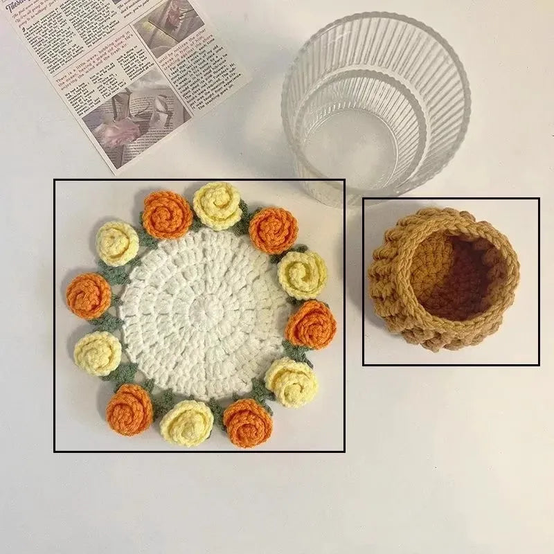 Handmade Finished Hand-Crocheted Rose Coaster & Small Flower Bouquet - Office Yarn Artificial Flower Basket