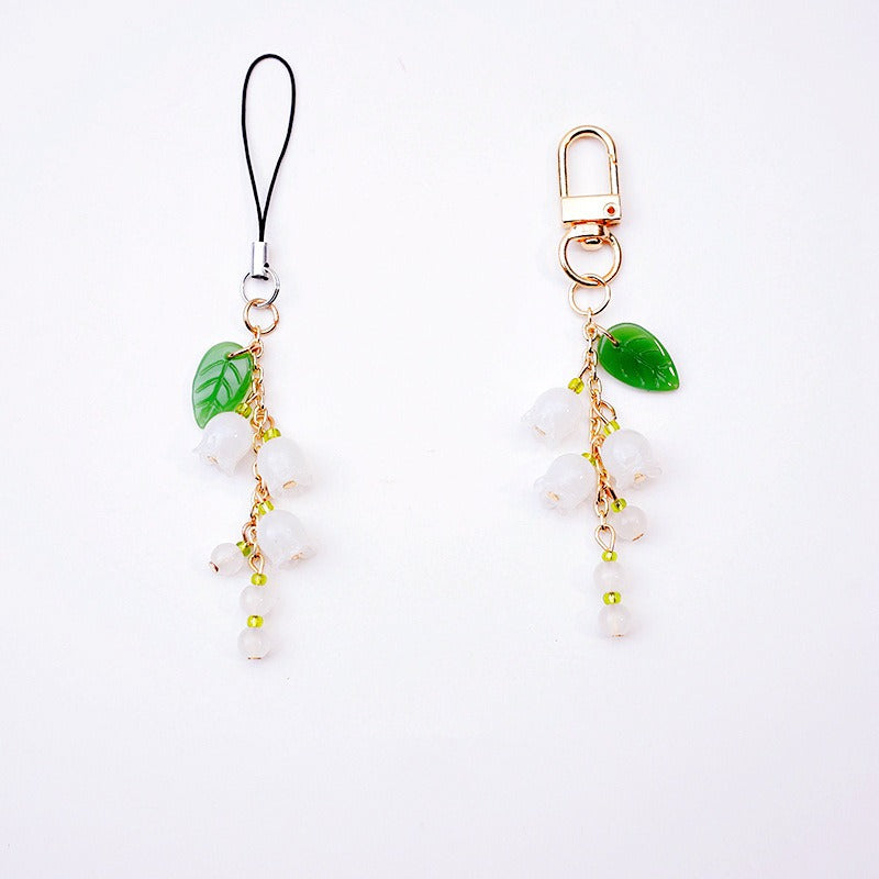 Fresh & Dainty White Bellflower Jade Pendant Phone Lanyard - Multi-Use Bag Charm, Keychain & Cute Bracelet Accessory
