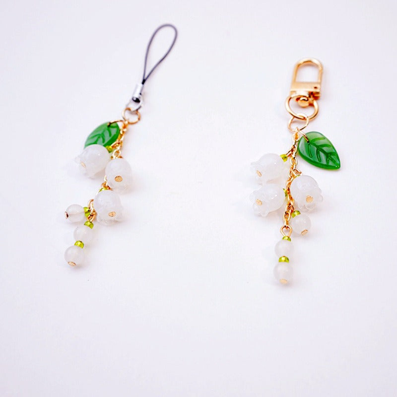 Fresh & Dainty White Bellflower Jade Pendant Phone Lanyard - Multi-Use Bag Charm, Keychain & Cute Bracelet Accessory