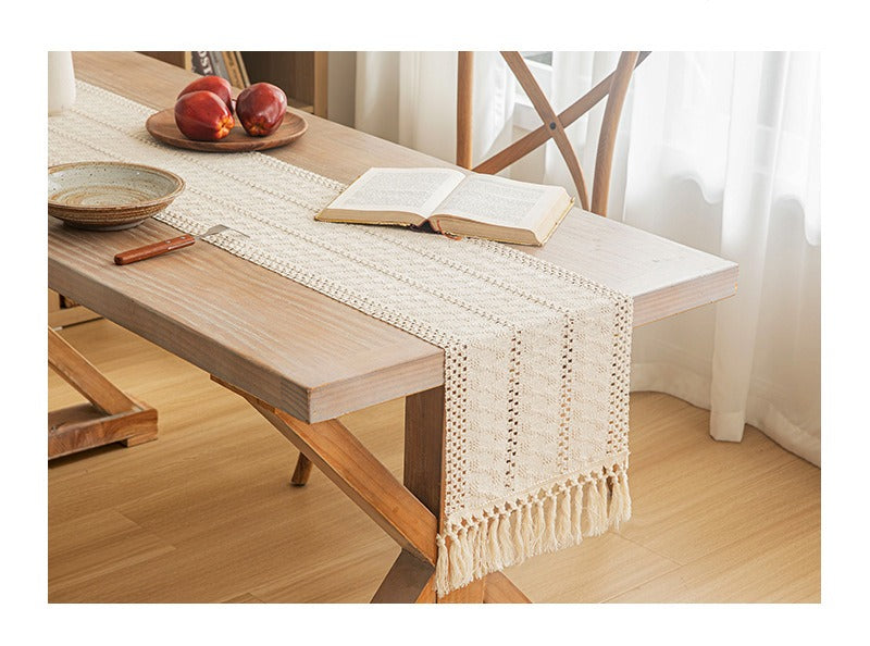 Bohemian American-Style Thick Linen-Cotton Woven Table Runner - Openwork Tassel Coffee Table Cover