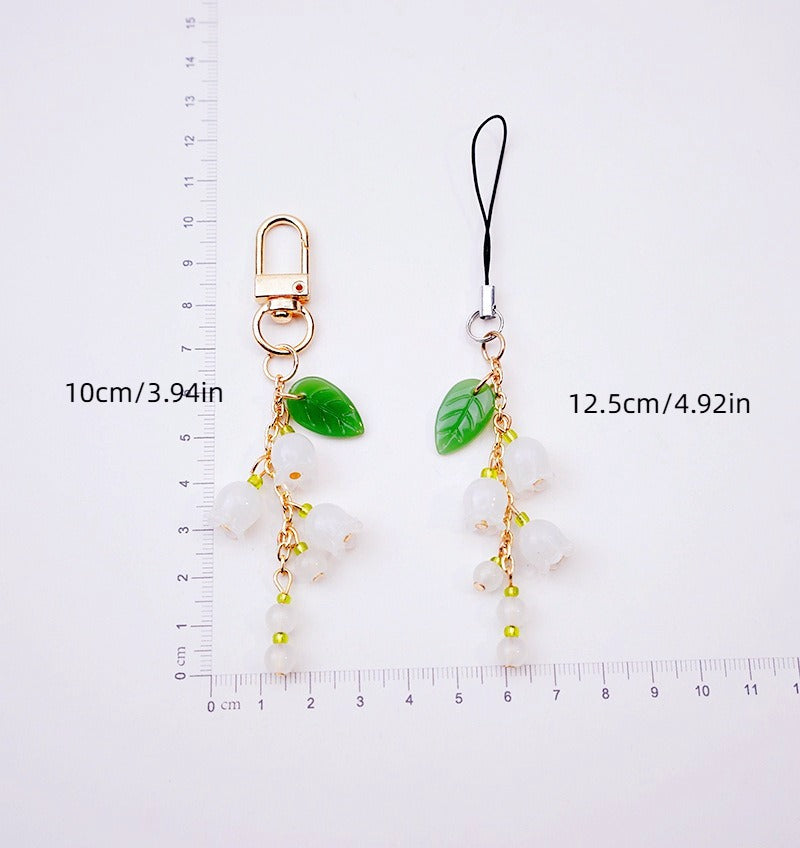 Fresh & Dainty White Bellflower Jade Pendant Phone Lanyard - Multi-Use Bag Charm, Keychain & Cute Bracelet Accessory