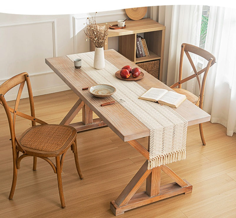 Bohemian American-Style Thick Linen-Cotton Woven Table Runner - Openwork Tassel Coffee Table Cover