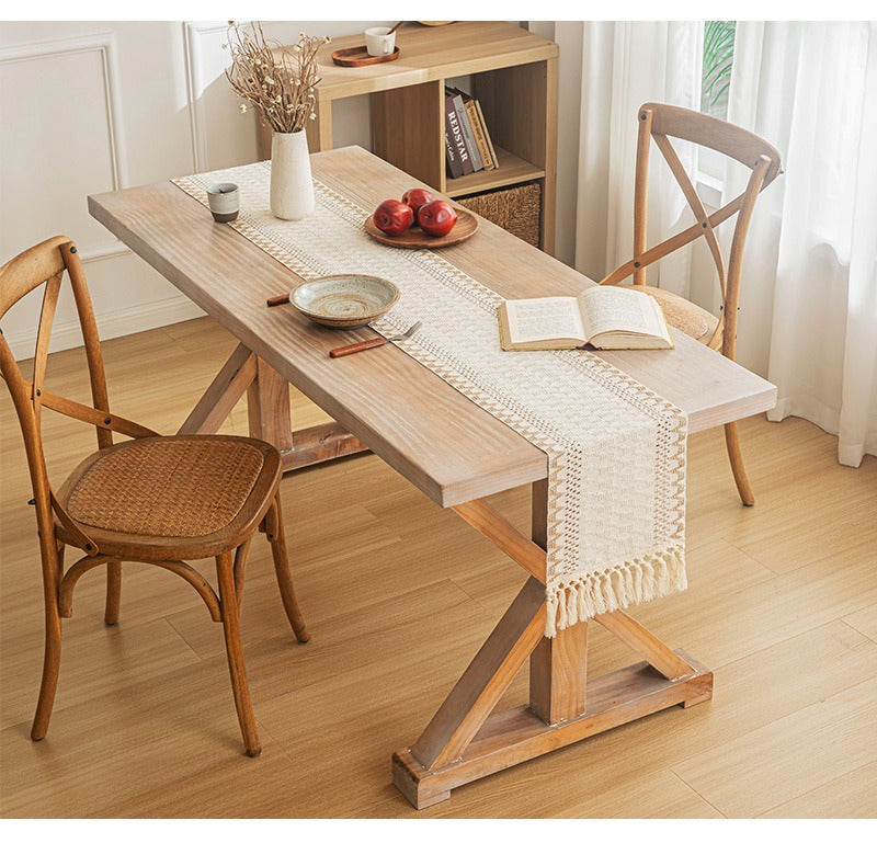 Bohemian American-Style Thick Linen-Cotton Woven Table Runner - Openwork Tassel Coffee Table Cover