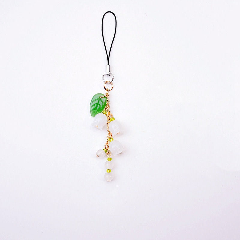 Fresh & Dainty White Bellflower Jade Pendant Phone Lanyard - Multi-Use Bag Charm, Keychain & Cute Bracelet Accessory