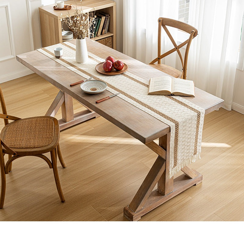 Bohemian American-Style Thick Linen-Cotton Woven Table Runner - Openwork Tassel Coffee Table Cover