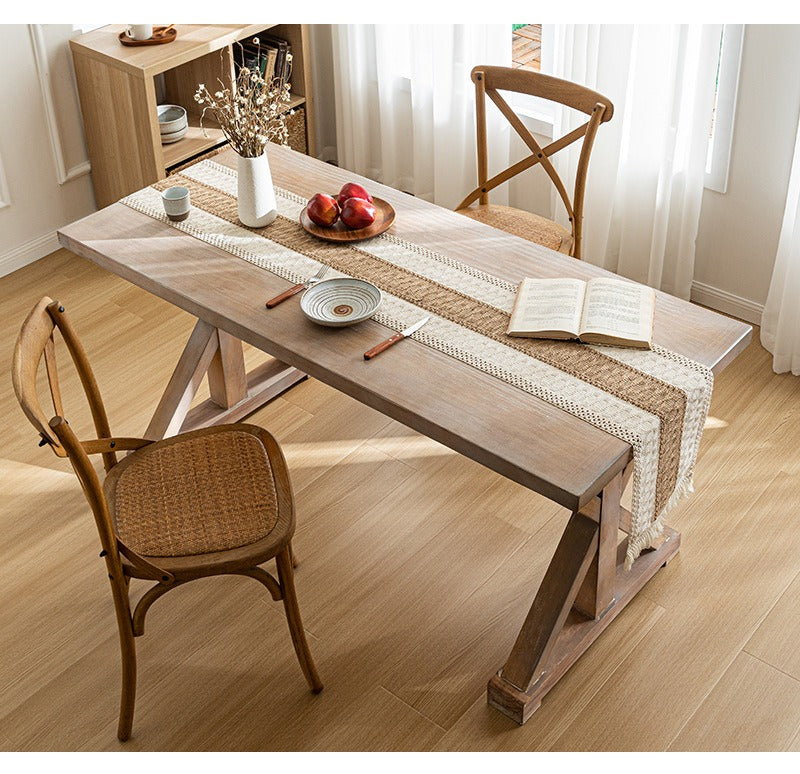 Bohemian American-Style Thick Linen-Cotton Woven Table Runner - Openwork Tassel Coffee Table Cover