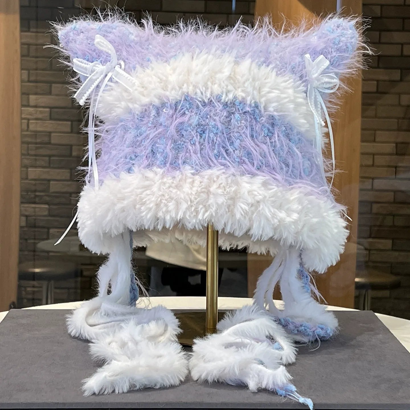 Women's Fairycore Enchanted Mixed Pastel Fuzzy Braid Bow Knit Beanie - Winter Fall Warm Face-Flattering Hat