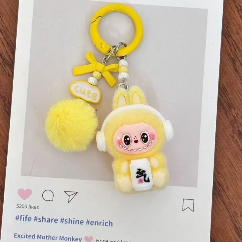 Labubu Style Flocked Sitting Pose Figurine Keychain - Cute Couple Bag/Car Key Charm | Gift Accessory