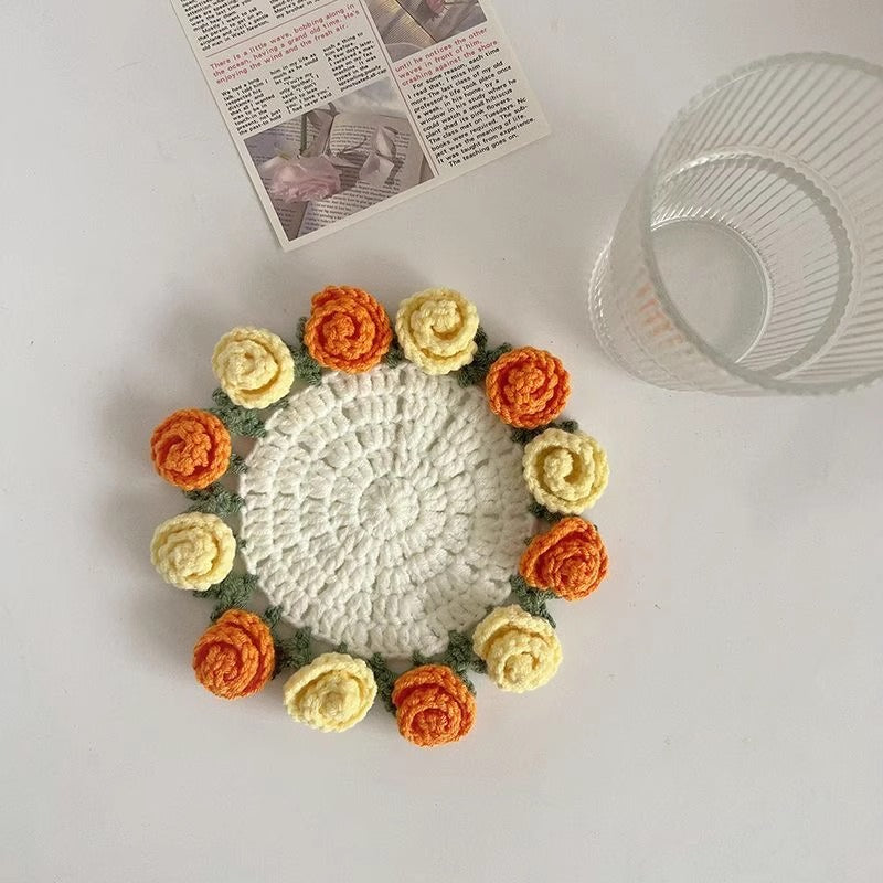 Handmade Finished Hand-Crocheted Rose Coaster & Small Flower Bouquet - Office Yarn Artificial Flower Basket