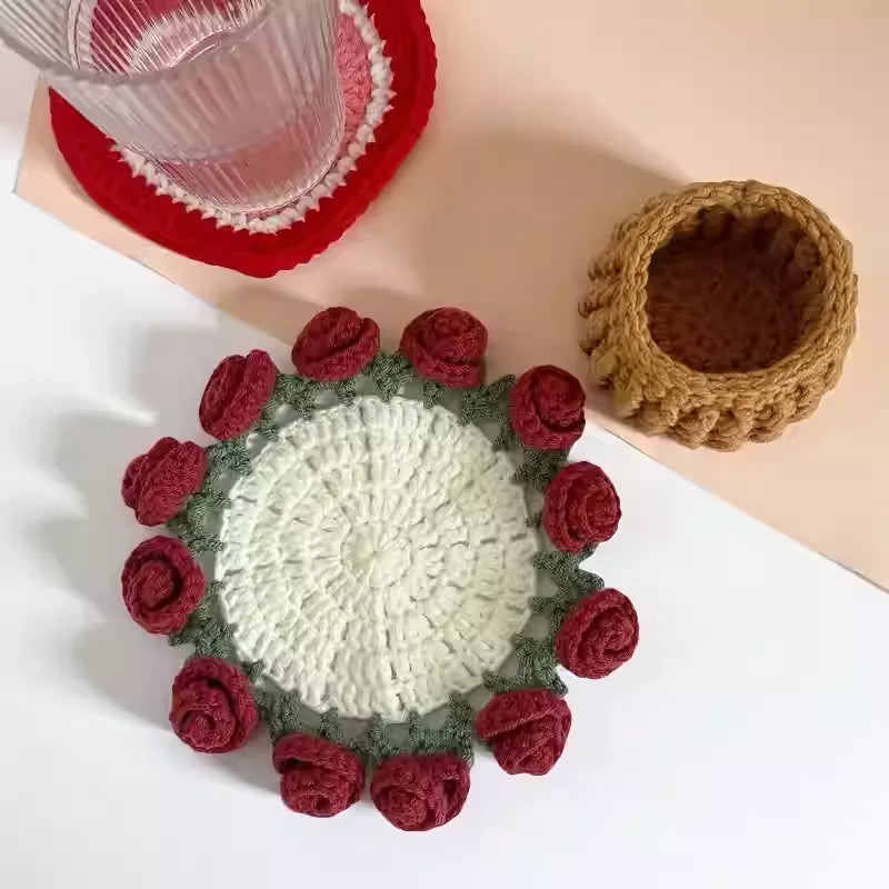 Handmade Finished Hand-Crocheted Rose Coaster & Small Flower Bouquet - Office Yarn Artificial Flower Basket