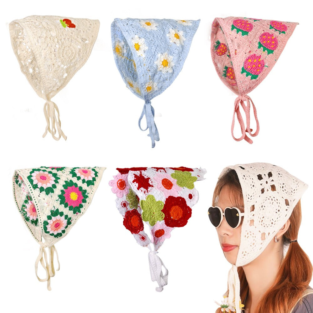 Women's French Chic Handmade Knitted Daisy Triangle Tie-Up Headscarf
