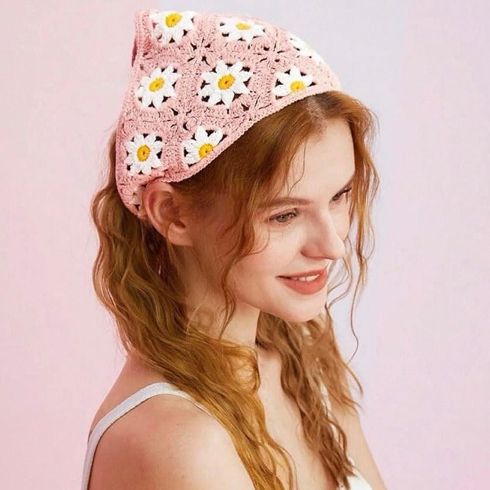Women's French Chic Handmade Knitted Daisy Triangle Tie-Up Headscarf
