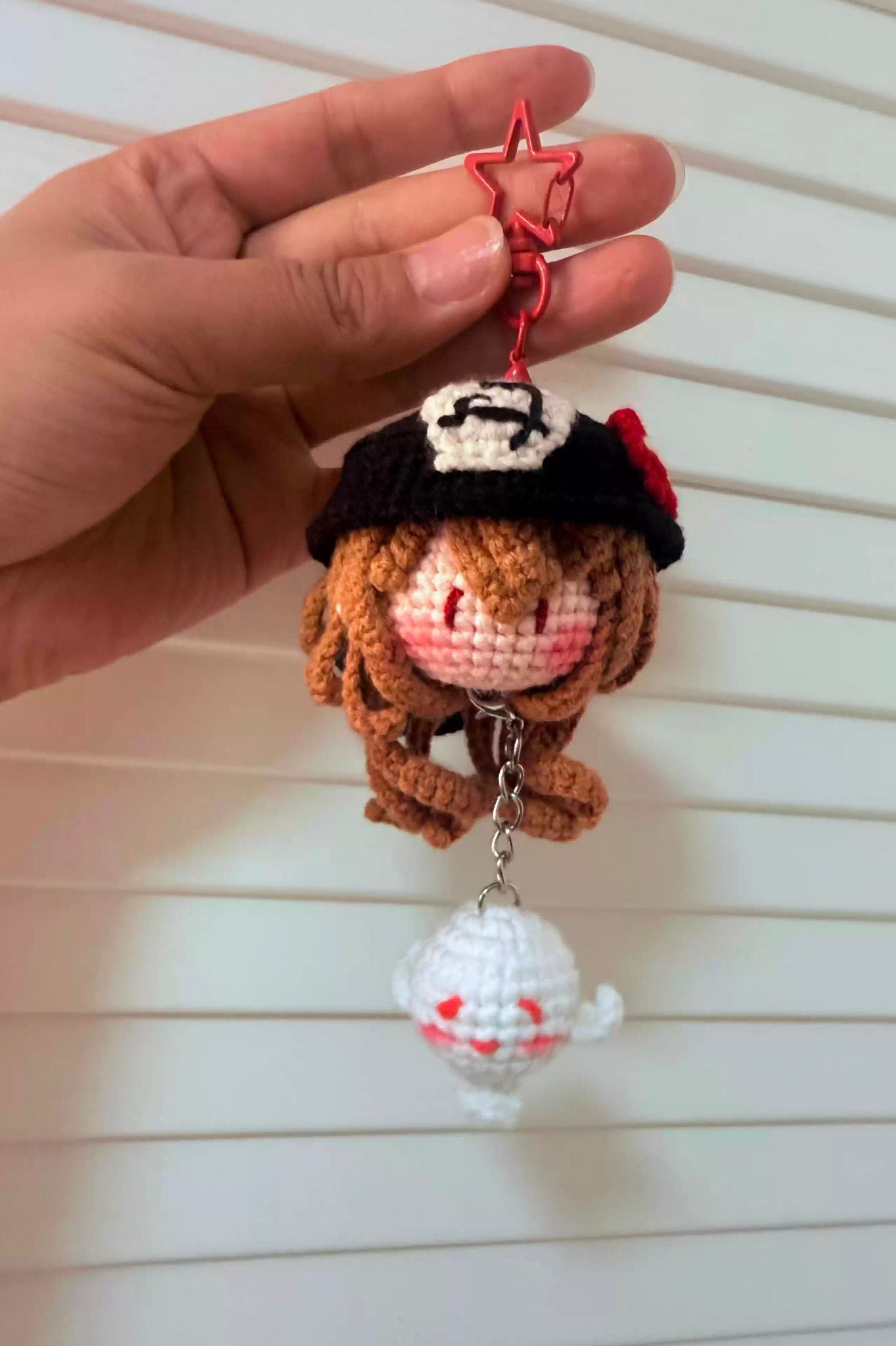 Handmade Hu Tao crochet keychain charm — finished amigurumi Genshin Impact fan art by Toyversia